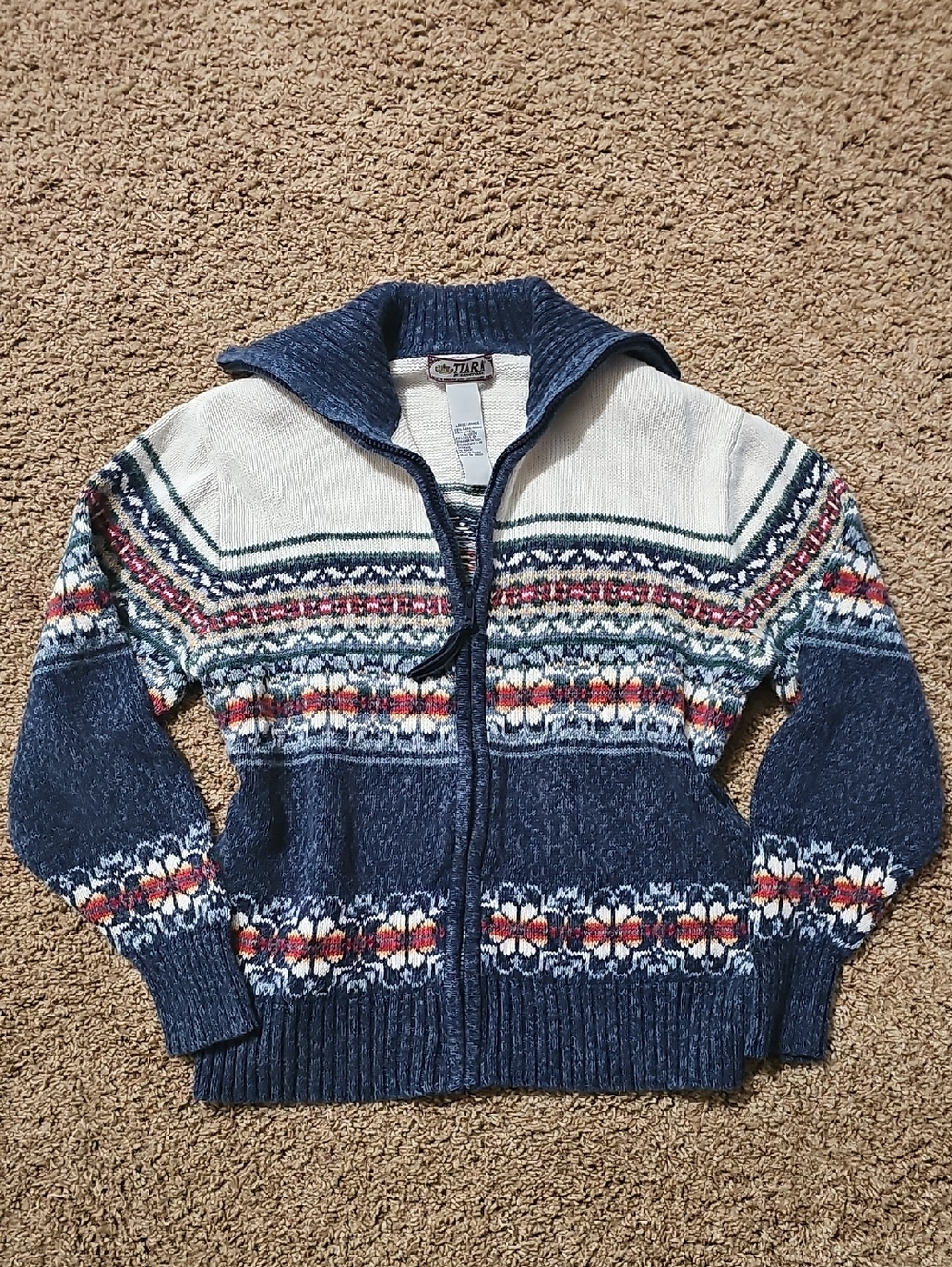 Tiara Navy Fair Isle Zip-Up Cardigan with Cream Accents